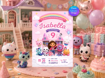 Gabby's Dollhouse Birthday Invitation, Pastel Kitty Theme (Digital Download)