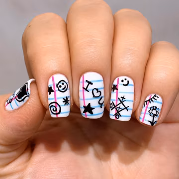 Y2K Notebook Doodle Press On Nails, Back To School Nail Set, Cute Hand Drawn Nail Art, Preppy School Nails, White Grid Nails