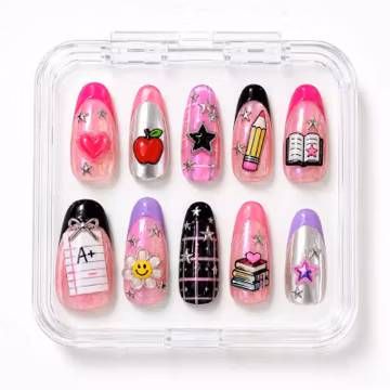 Y2K Back to School Press On Nails, Apple French Tip Nails, Cute Classroom Nail Set, Teacher Gift, Pink Chrome Fake Nails, Kawaii School