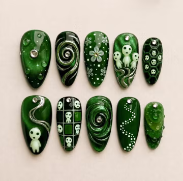 Kawaii Handcrafted 3D Kodama Press On Nails, Emerald Cat Eye Luxury Nail Set, Forest Flower Accents, Nails For Bold Magical Anime Ghibl Nail