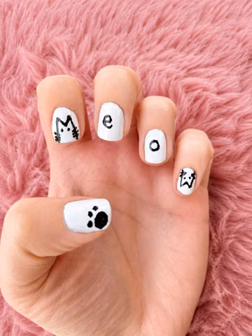 Cute Ghost Cat Press On Nails, Minimalist Halloween Nail Set, Black White Kawaii Nails, Short Square Handmade Press On Nails