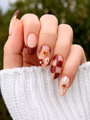 Burgundy Floral Press On Nails, Autumn Plaid French Tip Nails, Gold Outline Nail Art, Cozy Fall Handmade Almond Fake Nails Gift