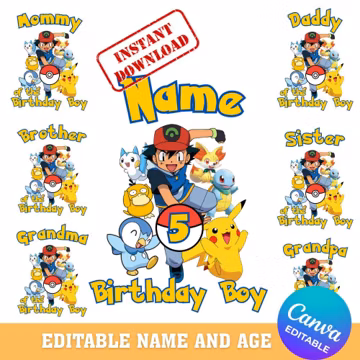 Pocket Monsters Birthday boy or girl Family Shirts, editable NAME and AGE in Canva (Digital Download)