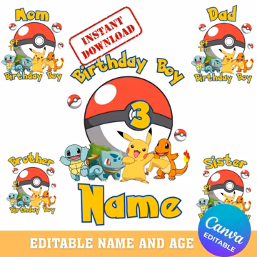 Pocket Monsters family T-shirt design for a boy or girl on their birthday, editable text in Canva (Digital Download).