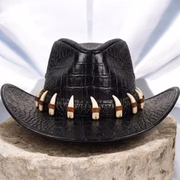 Black Croc Leather Western Hat | Tooth Band Cowboy Hat | Genuine Leather Outback Hat | Western Cowboy Hat | Bold Leather Hat Men