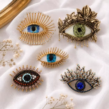 Handmade Evil Eye Brooch Pin, Gold Protection Badge, Vintage Gothic Crystal Amulet Jewelry