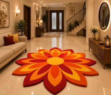 Retro Sunflower Area Rug, 70s Orange Red Flower Shaped Carpet, Tufted Living Room Mat