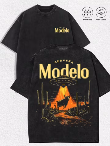 Vintage Washed Modelo Cowboy UFO Desert DTG Graphic Tee, Retro Western Beer Shirt