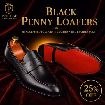 Christian Louboutin Style Men’s Black Calf Leather Penny Loafers – Handmade Luxury Dress Shoes