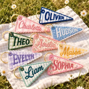 Personalized Embroidered Pennant Flag Bag Charm, Custom Name Keychain, College Style Backpack Keychain, Monogram Gingham Purse Charm Gift
