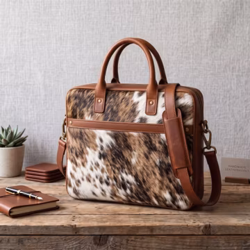 Handmade Cowhide Leather Laptop Bag for Men | Real Hair-on Hide Briefcase | Brown Leather Messenger Bag 15.6 Inch | Unique Gift for Him