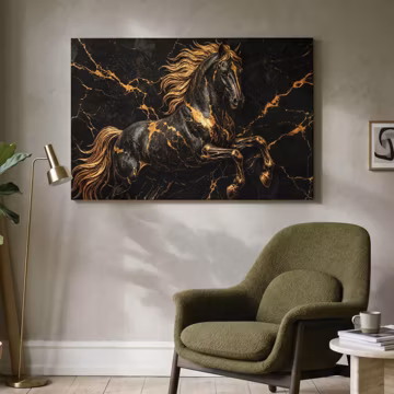 Black Gold Horse Canvas Print, Modern Animal Wall Art, Luxury Gold Leaf Decor, Moody Horse Poster, Elegant Equine Art, Dark Marble Art