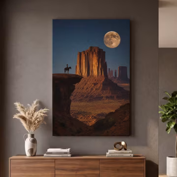 Monument Valley Wall Art, Western Desert Canvas Print, Horseback Rider Decor, Southwestern Landscape, Moody Canyon Art, Arizona Wall Decor