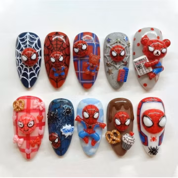 Red Blue Spider Hero Press On Nails, 3D Web Nail Art, Cute Comic Superhero Nails, Kawaii Spider Inspired Fake Nails