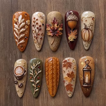 Cozy Autumn Press On Nails 3D Maple Leaf Acorn Pumpkin Coffee Sweater Fall Handmade Reusable Nail Set