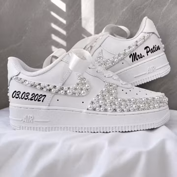 Custom Wedding Silver Crystals Pearl Bridal Sneakers - Personalized Wedding Sneakers for Bridal - Prom Sneakers - Pearl Silk Bridal Shoes