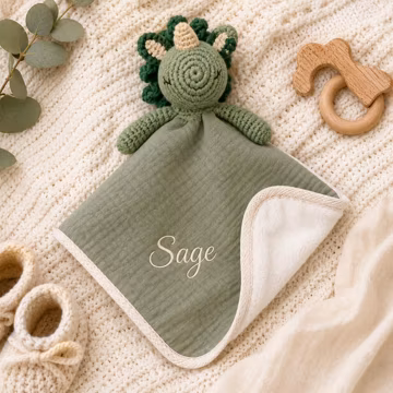 Custom Baby Lovey Blanket, Personalized Cotton Crochet Animal Comforter, Embroidered Name Nursery Keepsake, 13.8 Inch Newborn Security Lovey