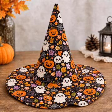 Black Quilted Halloween Witch Hat with Ghost Pumpkin Candy Print, Spooky Costume Headwear