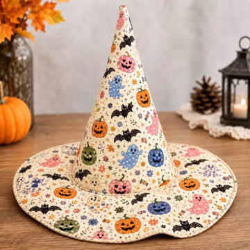 Cream Floral Quilted Halloween Witch Hat with Colorful Ghosts, Pumpkins and Bats, Spooky Costume Headwear