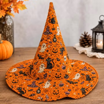 Orange Quilted Halloween Witch Hat with Ghost Cat Pumpkin Print, Spooky Costume Headwear
