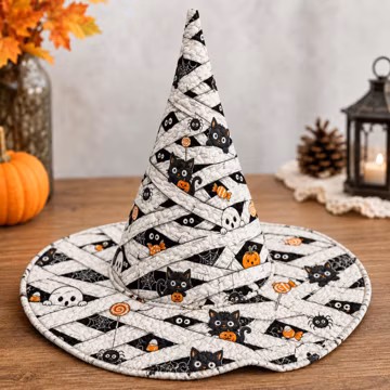 Cream Quilted Mummy Witch Hat with Black Cats, Ghosts and Pumpkins, Halloween Costume Headwear