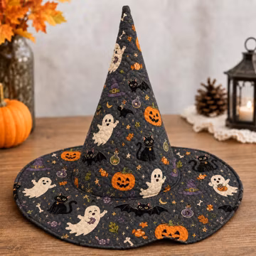 Charcoal Quilted Halloween Witch Hat with Ghosts, Black Cats and Pumpkins, Spooky Costume Headwear