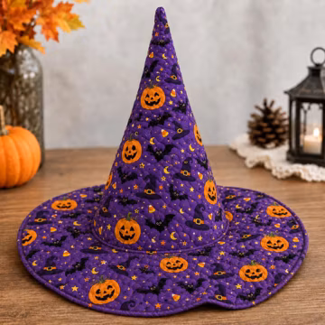 Purple Quilted Halloween Witch Hat with Jack-o’-Lanterns, Bats and Candy Corn, Spooky Costume Headwear
