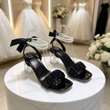 Handmade Pearl Bow Block Heel Sandals, Square Toe Evening Party Shoes