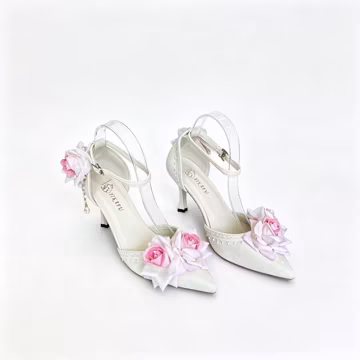 Floral Rose Bridal Heels, Lace Pointed Toe Ankle Strap Wedding Shoes