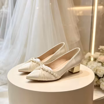Ivory Satin Pearl Bow Block Heels, Elegant Pointed Toe Bridal Wedding Shoes