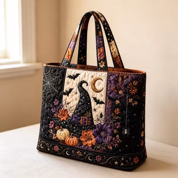 Halloween Quilted Tote With Witch Hat And Pumpkin Design Perfect For Spooky Season Outings Today