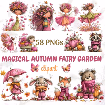Magical Autumn Fairy Garden Clipart Bundle | 58 PNG Watercolor Fairy, Woodland Animals, Pumpkins, Fall Flowers, Cute Autumn Clipart