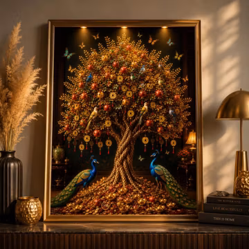 Feng Shui Golden Money Tree Printable Wall Art | Prosperity Wealth Peacock Print | Lucky Abundance Digital Download