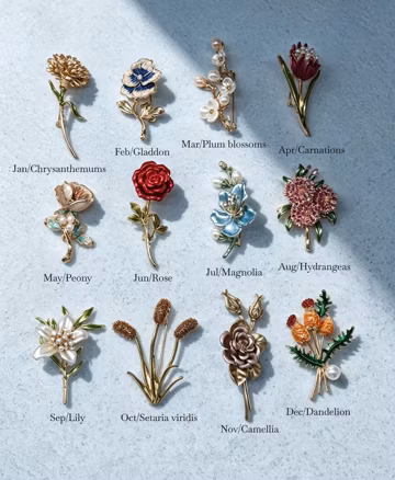 Enamel Birth Month Flower Lapel Pin Collection,Gold Tone Floral Brooch with Pearl, Flower Pin, Birthday Gift for Women, Suit Scarf Accessory