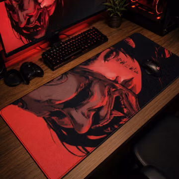 XXL Oni Samurai Gaming Mouse Pad, Anime Desk Mat, Red Black Artwork