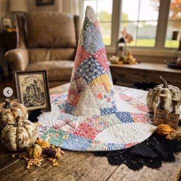 Quilted Frog Witch Hat, Cottagecore Wizard Hat, Patchwork Moon Star Hat, Celestial Halloween Costume, Handmade Cosplay Hat