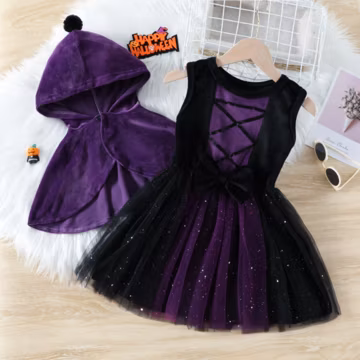 Girls Halloween Costume, Silver Velvet Hooded Cloak, Mesh Vest Dress, Kids Fall Holiday Outfit, American European Style Party Wear