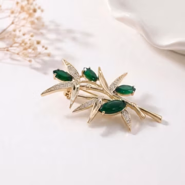 Green Bamboo Brooch Pin, Crystal Rhinestone Flower Bouquet Lapel Pins, Trendy Plant Fashion Jewelry