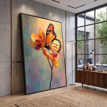 Monarch Butterfly on Orange Orchid Canvas, Floral Nature Wall Art, Garden Insect Canvas, Bright Home Decoration, Ready to Hang