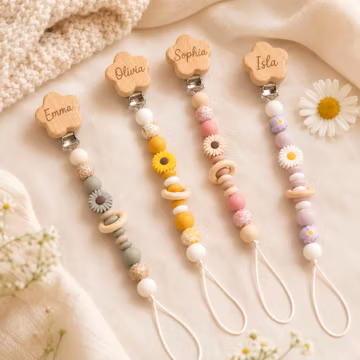 Personalized Daisy Pacifier Clip, Engraved Wooden Binky Holder, Silicone Beaded Paci Clip, Custom Name Baby Shower Gift, Boho Baby Gift