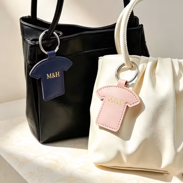 T Shirt Shaped Leather Bag Charm with Silver Ring Cute Garment Pendant Custom Monogram Gift for Tote Crossbody Baby Shower Favor