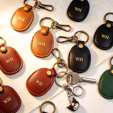 Stitched Leather Oval Key Fob with Metal Clasp Split Ring Lightweight Key Holder Bag Charm Custom Initial Wedding Party Gift