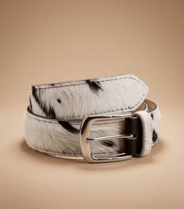 Handmade Hair-On Cowhide Leather Belt, White Cow Print Western Cowboy Style
