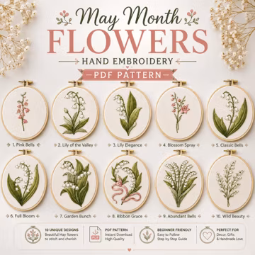 May Birth Flower Lily Embroidery Pattern Bundle (Digital Download)