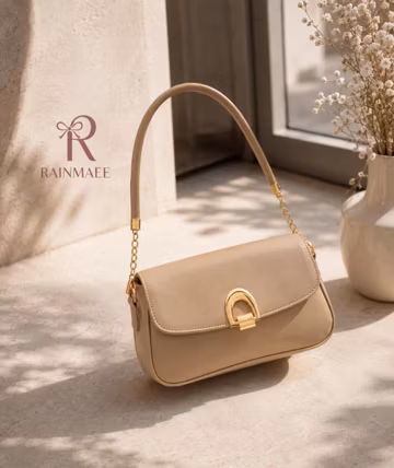Women’s Shoulder Bag, Taupe & Black Handbag, Minimalist Purse, Gold Clasp Bag, Everyday Crossbody Style, Elegant Leather Bag
