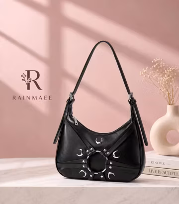 Black Crescent Moon Shoulder Bag, Gothic Shoulder Purse, Y2K Crescent Handbag, Vegan Leather Hobo Bag, Alternative Fashion Gift for Women