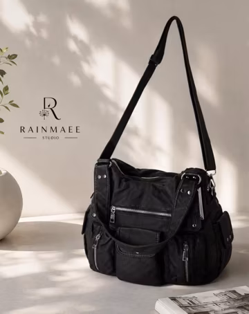 Black Shoulder Bag, Women’s Casual Crossbody Bag, Multi Pocket Bag, Everyday Bag, Vintage Style Handbag