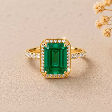 Green Emerald Diamond Halo Ring, 14K Gold Engagement Ring, May Birthstone Vintage Ring, Stackable Ring, Promise Ring, Christmas Gift for Her