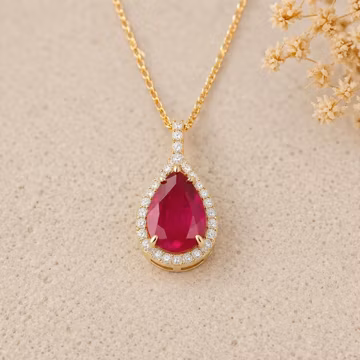 Pear Cut Ruby Diamond Halo Necklace, 14K Gold Teardrop Necklace, July Birthstone Bridal Jewelry, Dainty Everyday Jewelry, Birthday Gifts Her