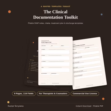 Clinical Documentation Toolkit PDF | SOAP Notes, Intake & Treatment Plan Templates for Therapists and Counselors | Fillable